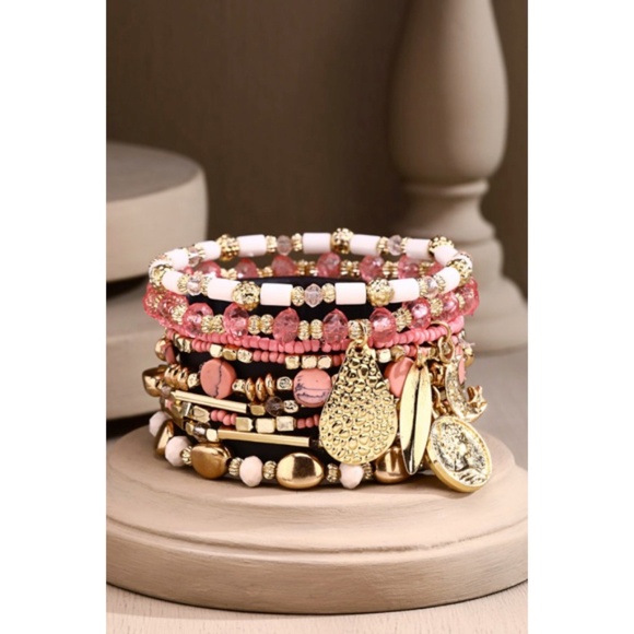 Pink 9-Strand Beaded Boho Stackable Stretch Bracelet Set w/ Gold Charms - Picture 3 of 4
